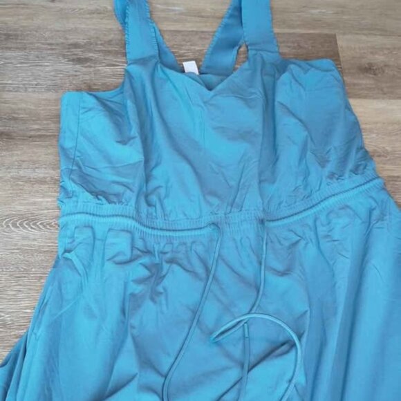 Athleta Savannah strap mini dress blue stretchy drawstring waist women’s large - Picture 1 of 5